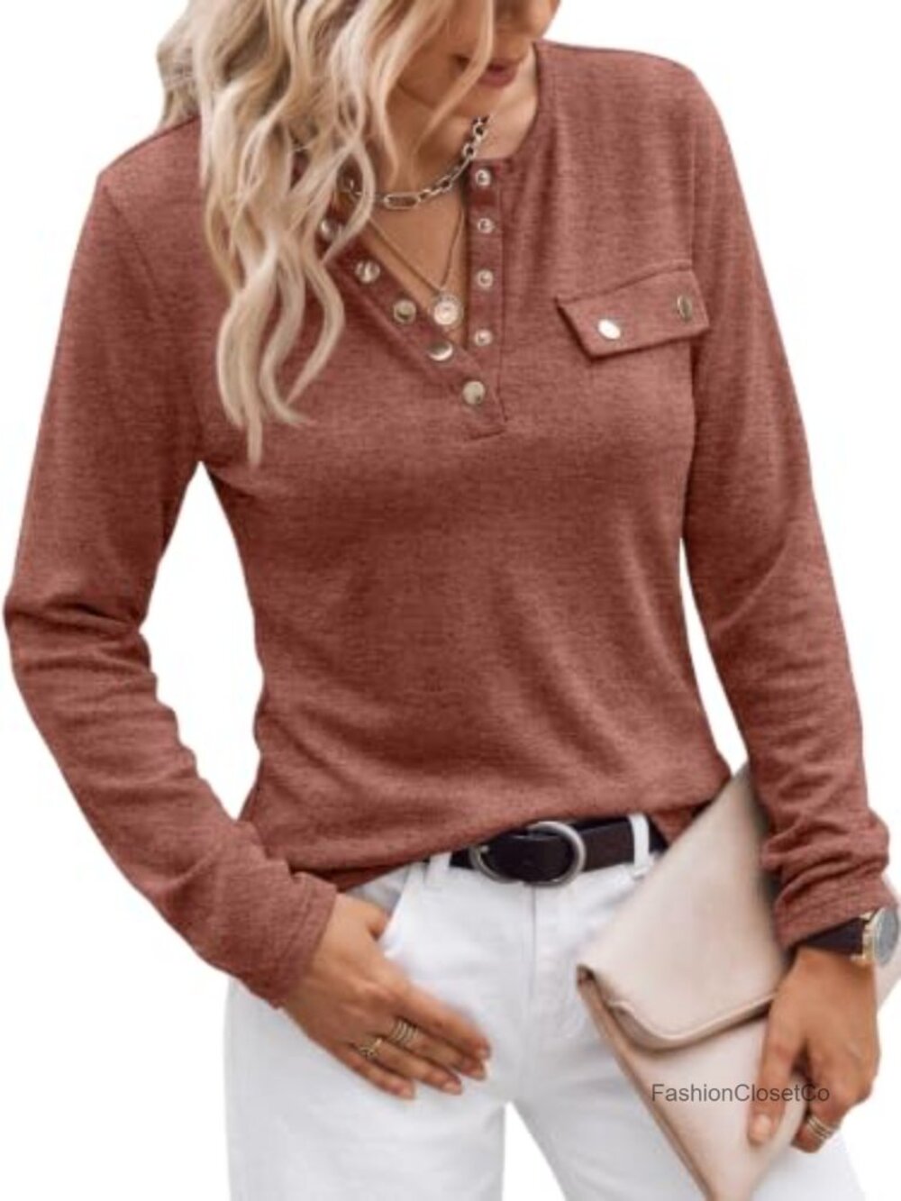 Long Sleeve Henley Shirt Dressy Casual Blouse with Pockets Career Top